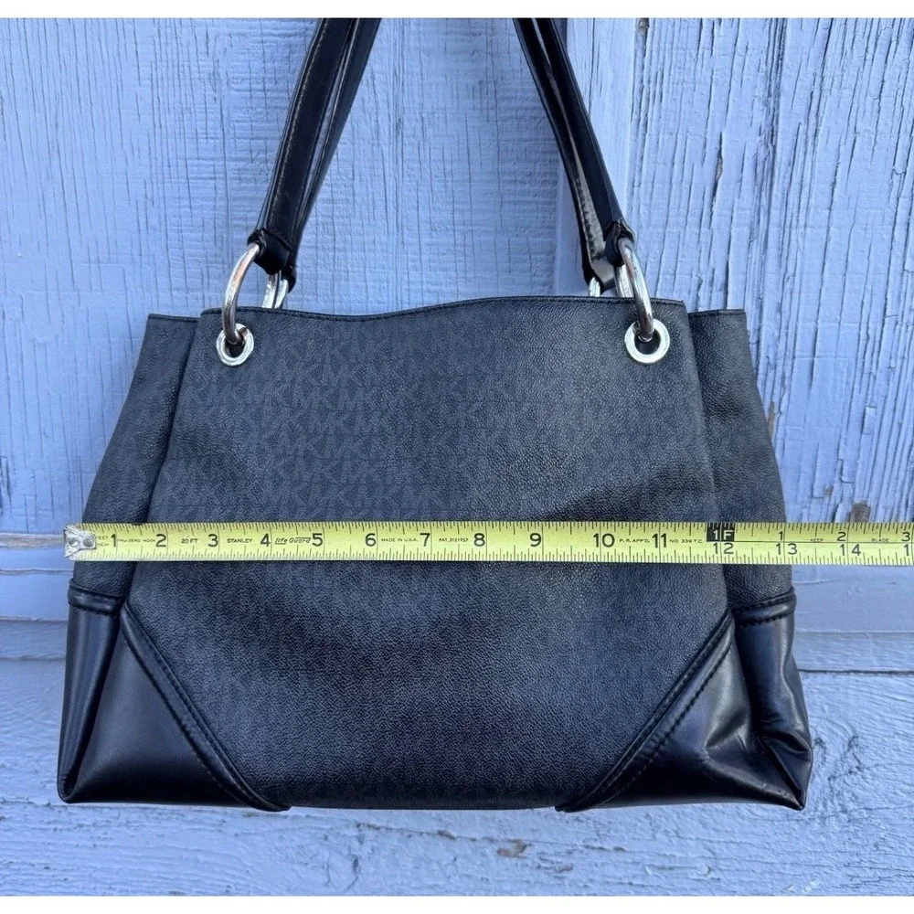 Michael Kors Black Monogram Logo Shoulder Bag Tote Silver Hardware MK Charm - Picture 5 of 11